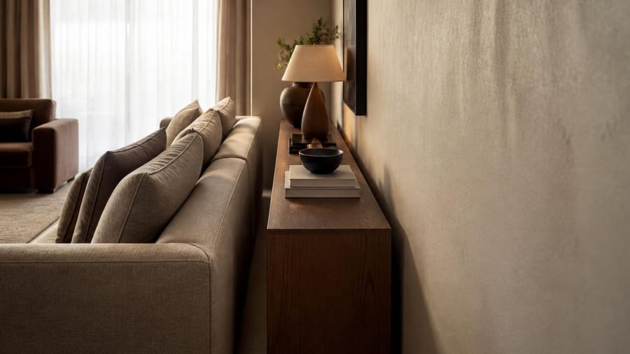 Ablage hinter Sofa: moderner und praktischer als Beistelltisch