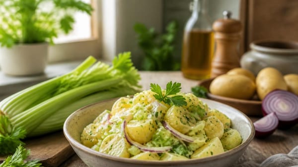 Staudensellerie verleiht dem traditionellen Kartoffelsalat eine überraschende Frische und gesunden Biss.