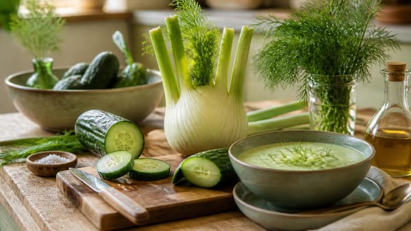 Kalte Suppen sind die perfekte Lösung an heißen Sommertagen. Gurke und Fenchel bieten eine erfrischende Kombination m…